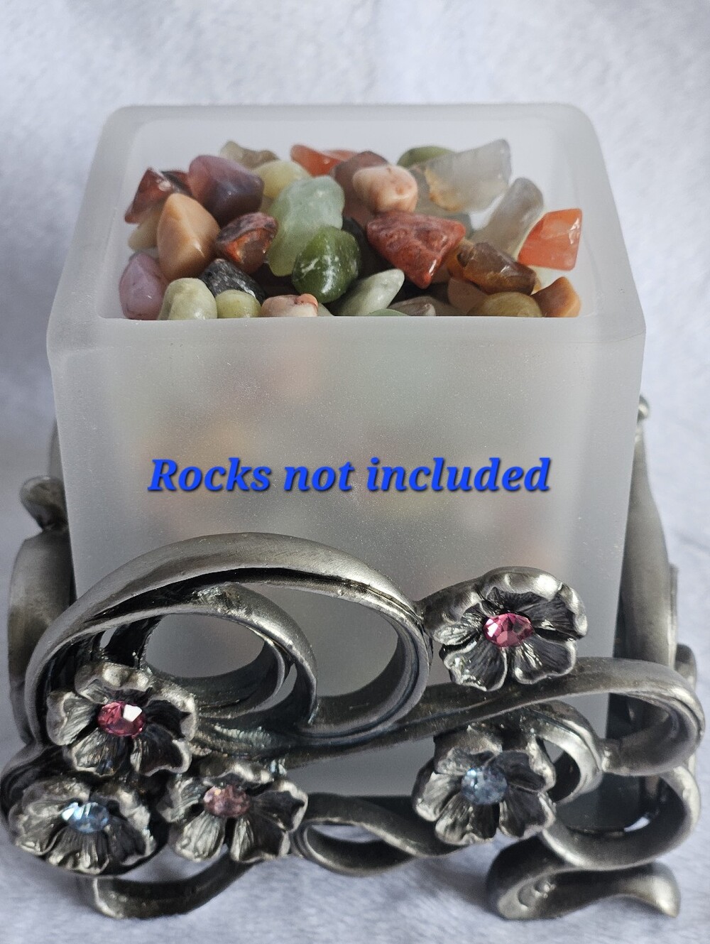 PartyLite Frosted White Cube Votive with Multicolor Decorative Stones
